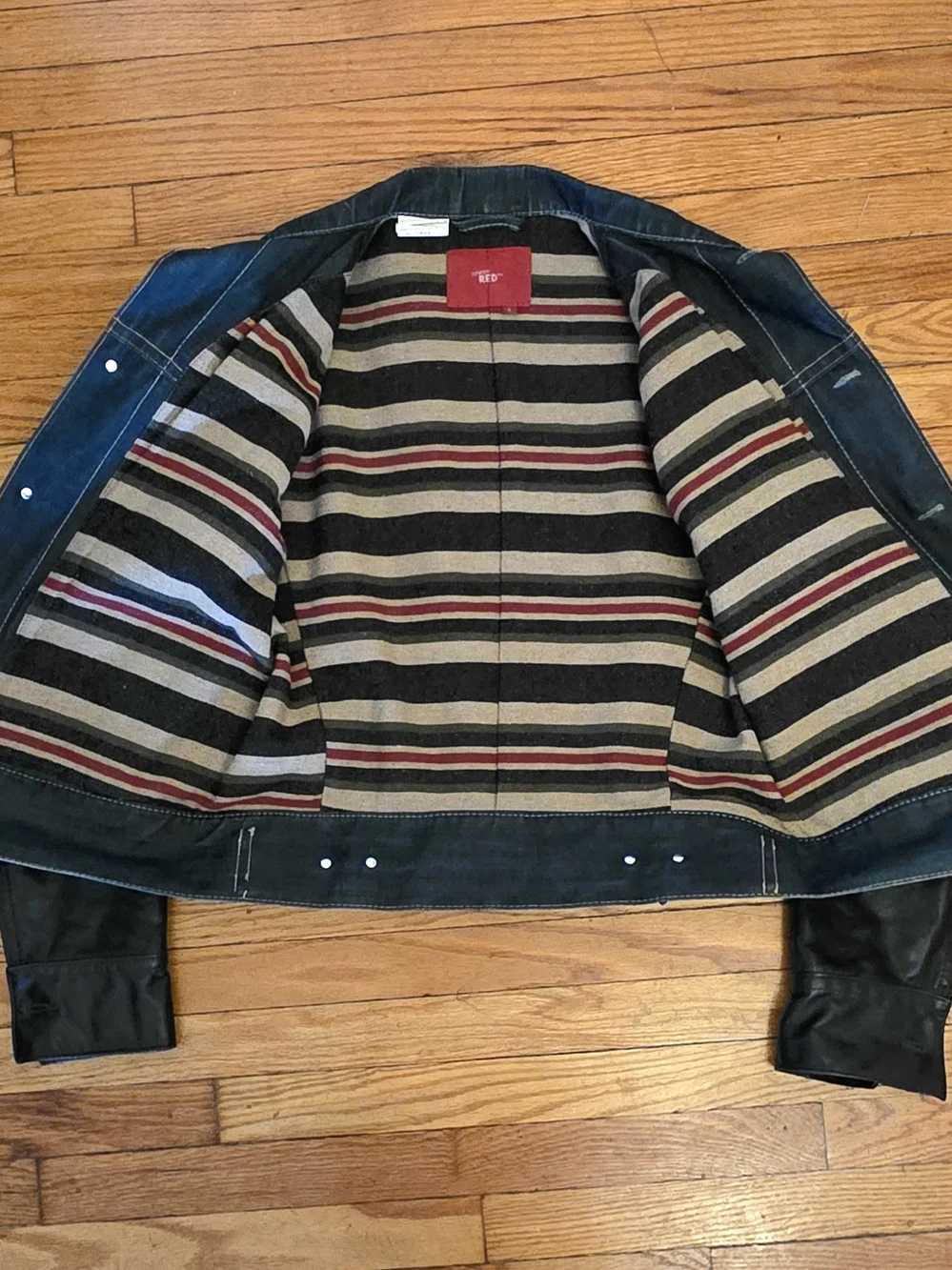 Levi's Blue Denim Jacket with Black Leather Sleeves - Men's